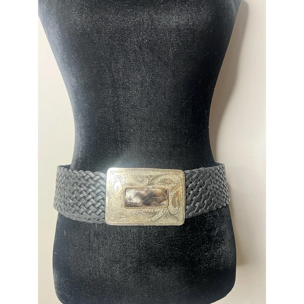 Motif 56 Wide Braided Leather Belt With Silver Buckle Vintage Medium